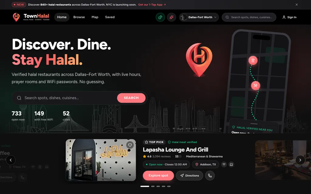 TownHalal homepage — Discover. Dine. Stay Halal.